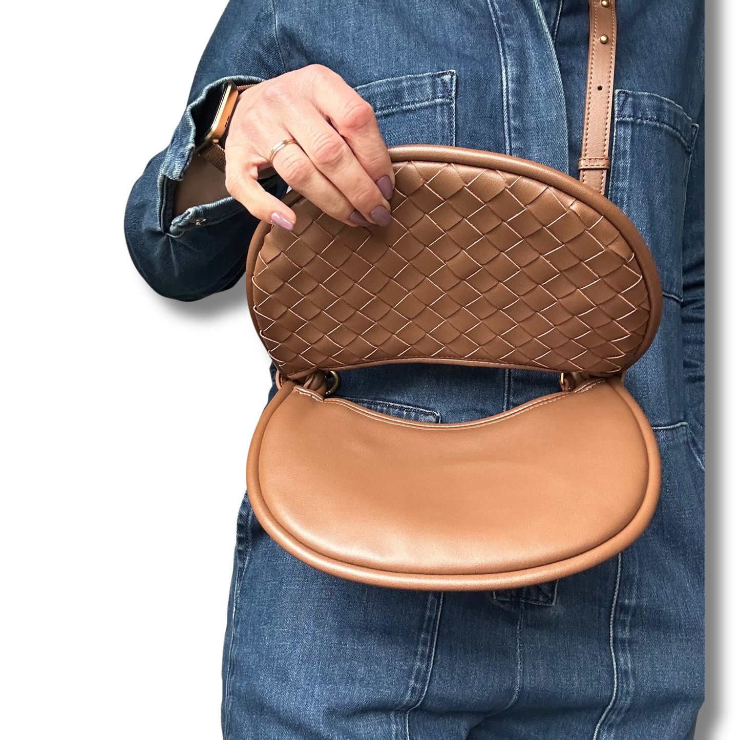 Woven Leather Crescent Crossbody