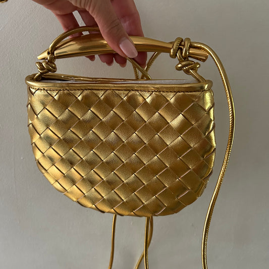 Gold Woven Crescent Leather Bag