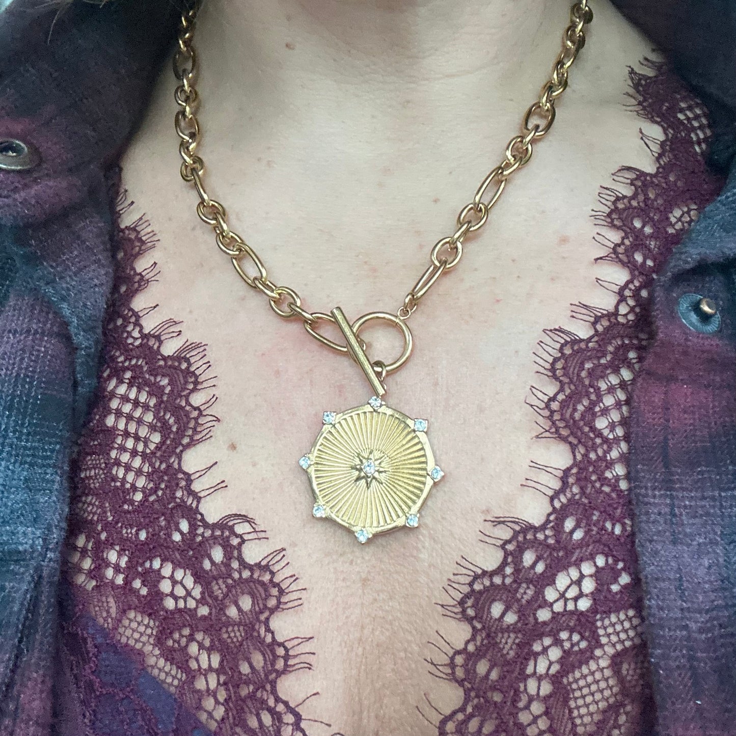 T Bar Gold Necklace with pendant
