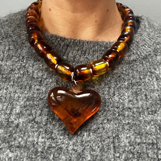 Amber Beaded Resin Heart Necklace