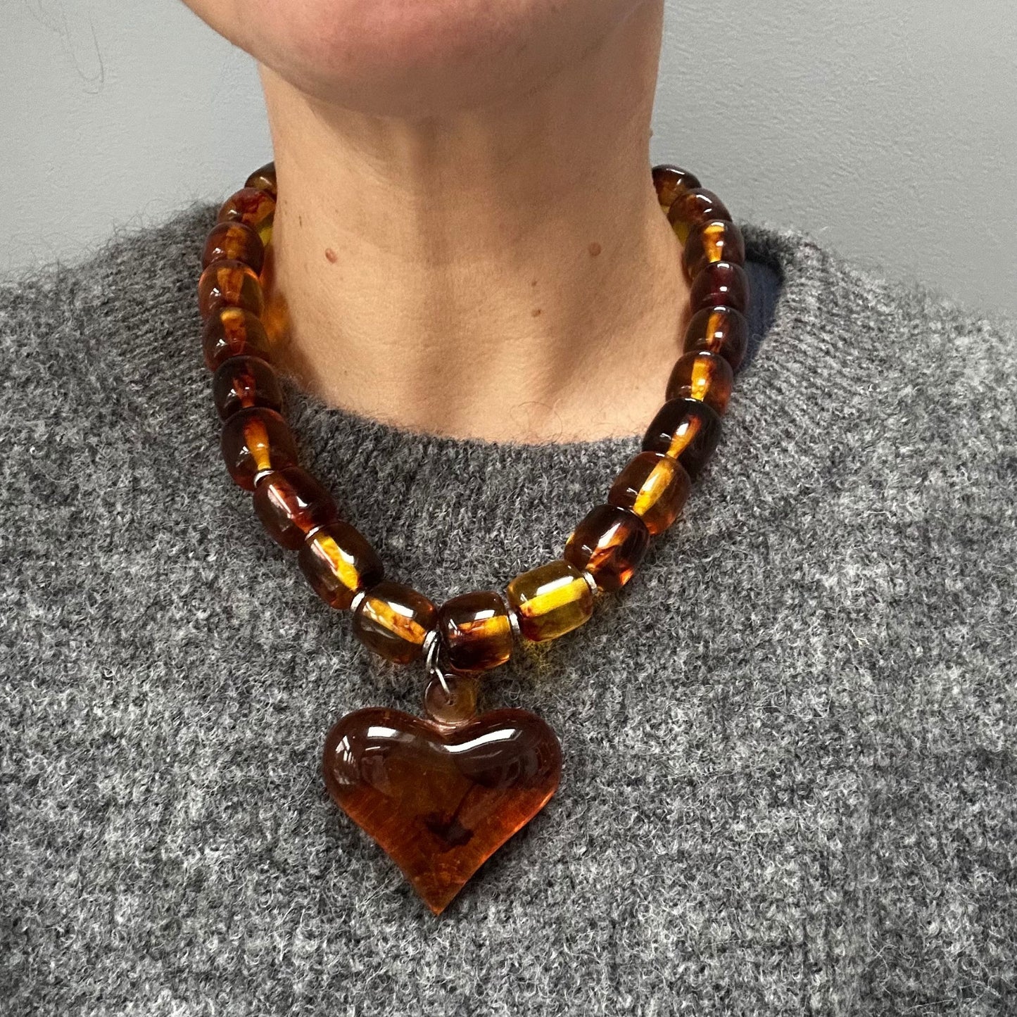 Amber Beaded Resin Heart Necklace