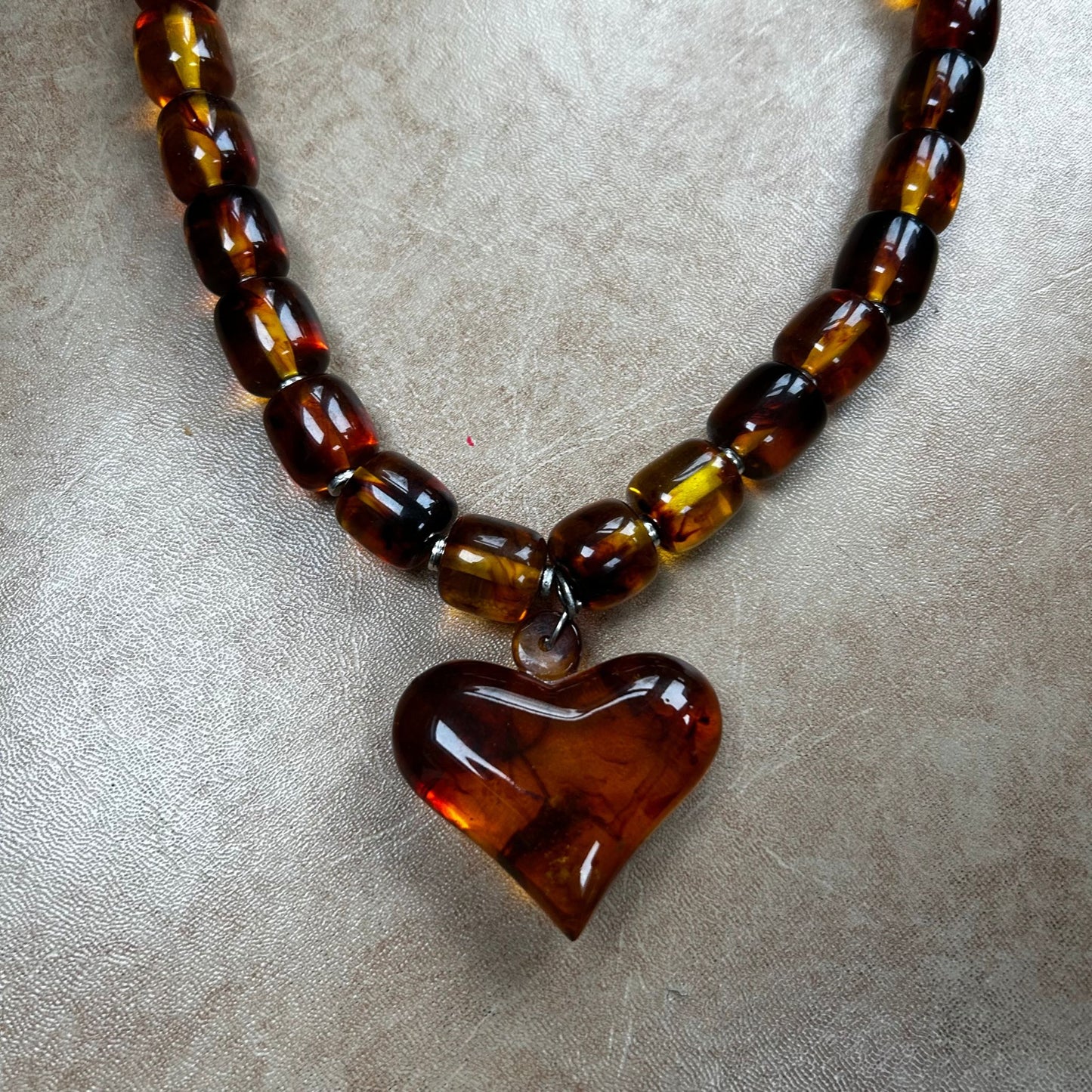 Amber Beaded Resin Heart Necklace