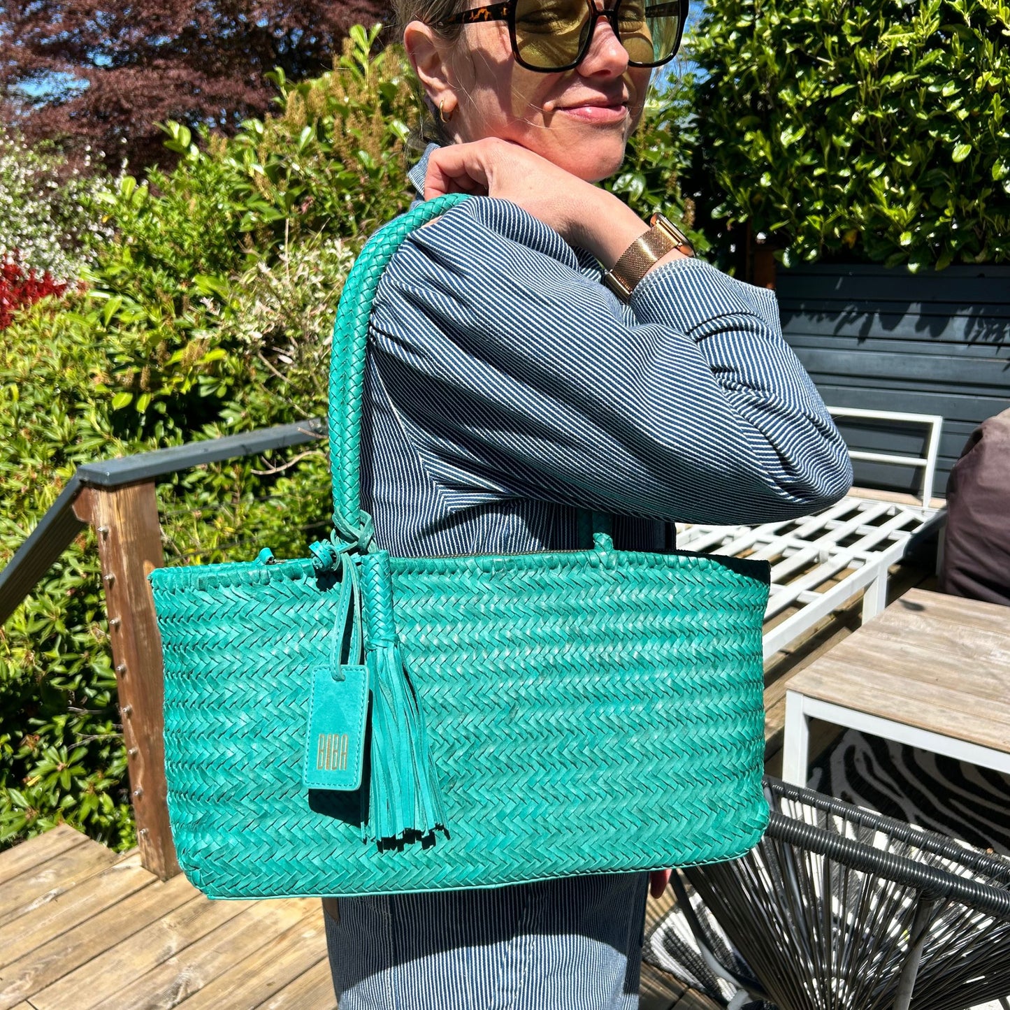 Turquoise Woven Leather Basket