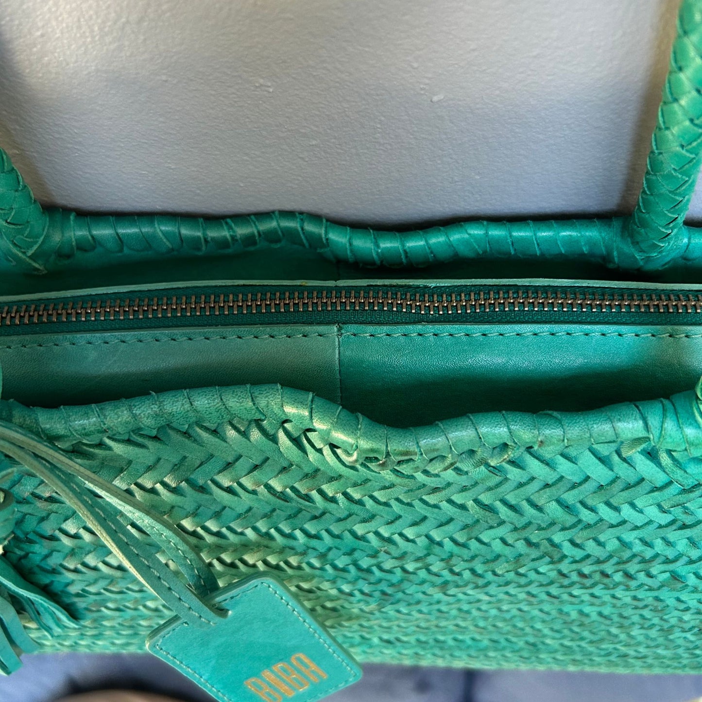 Turquoise Woven Leather Basket