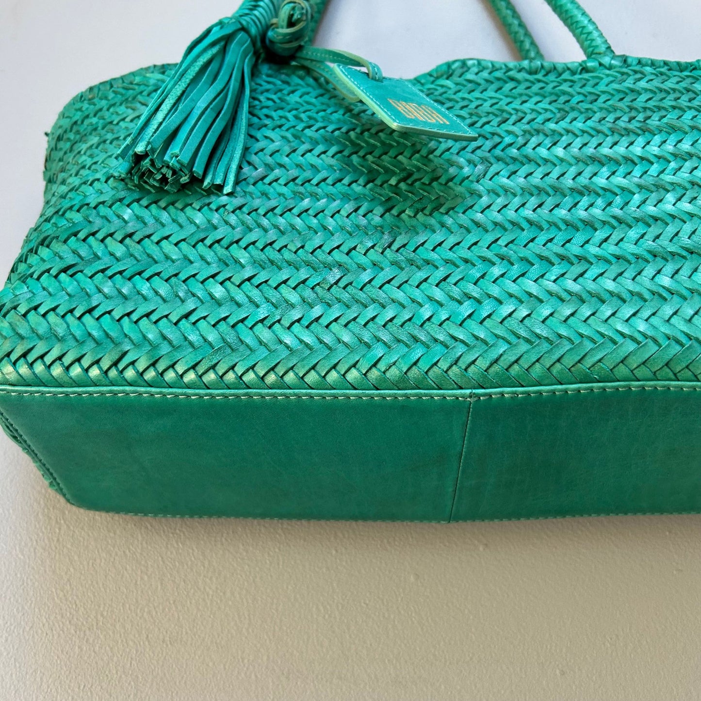 Turquoise Woven Leather Basket