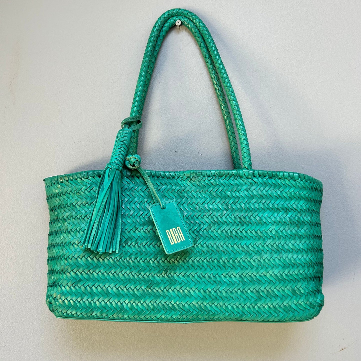 Turquoise Woven Leather Basket