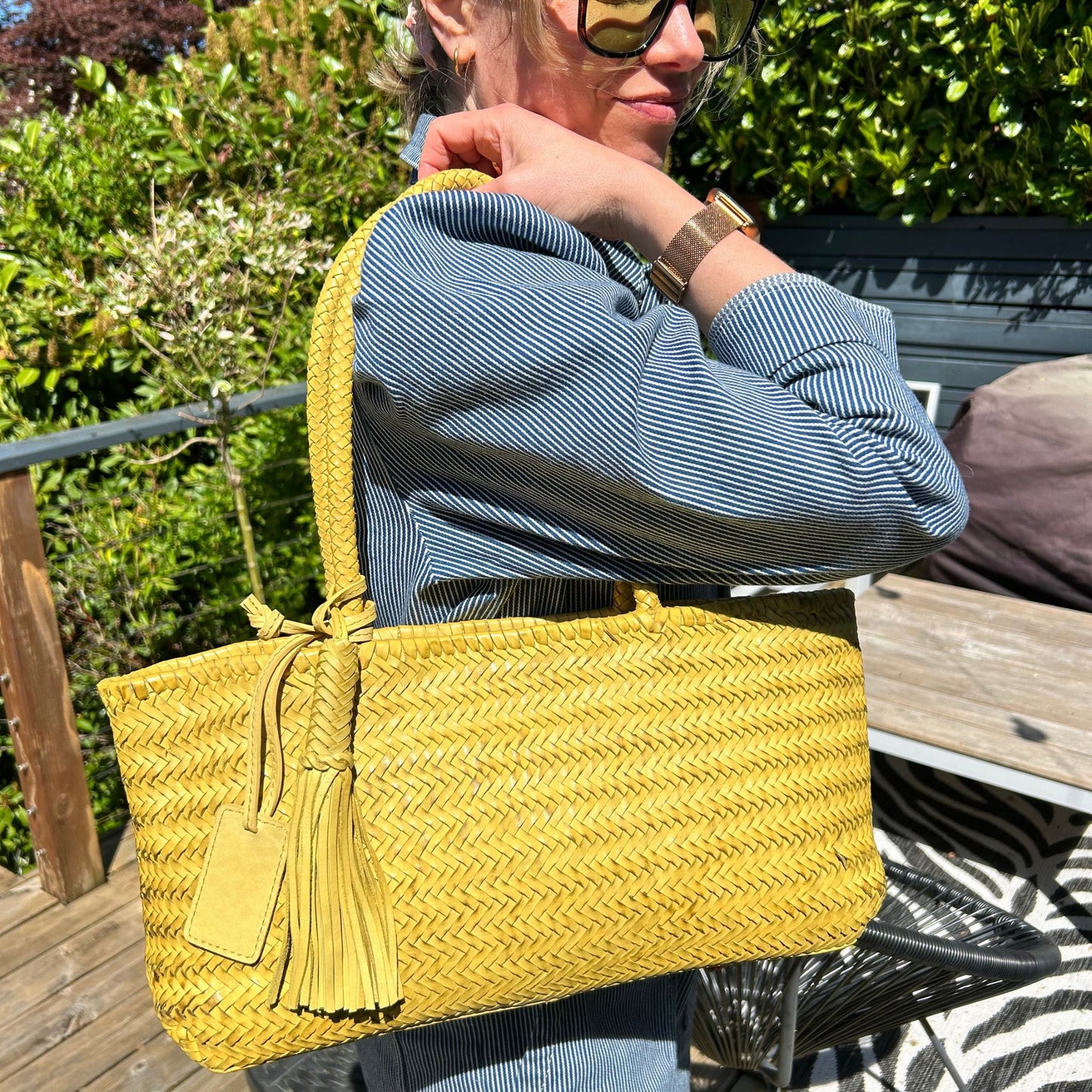 Lime Woven Leather Basket