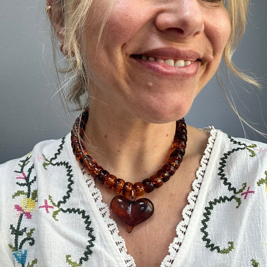 Amber Beaded Resin Heart Necklace