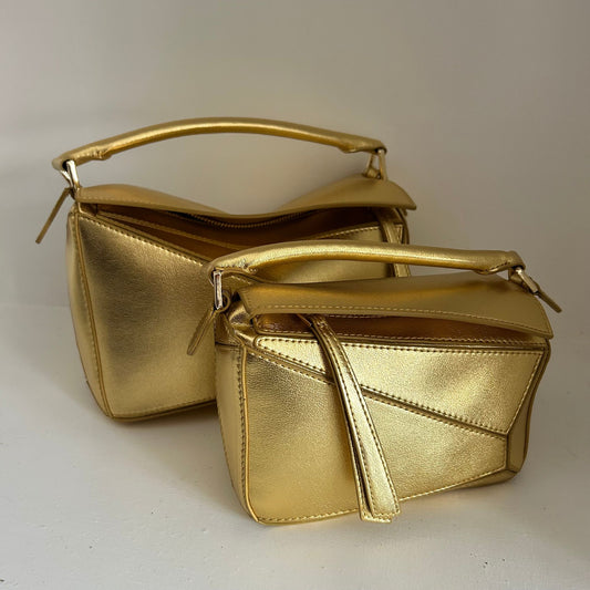 Gold Leather Grab Handle Geometric Bags