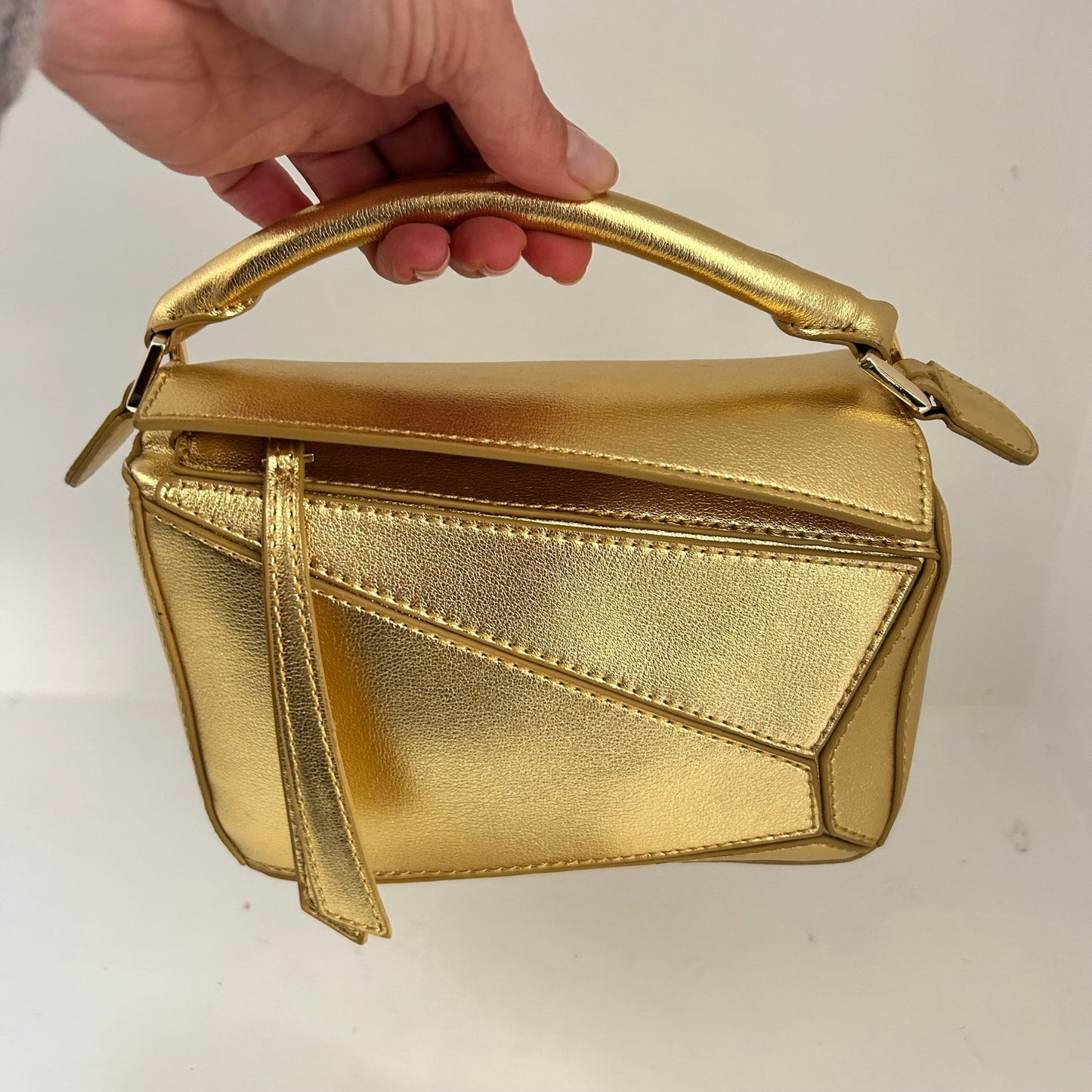 Gold Leather Grab Handle Geometric Bags