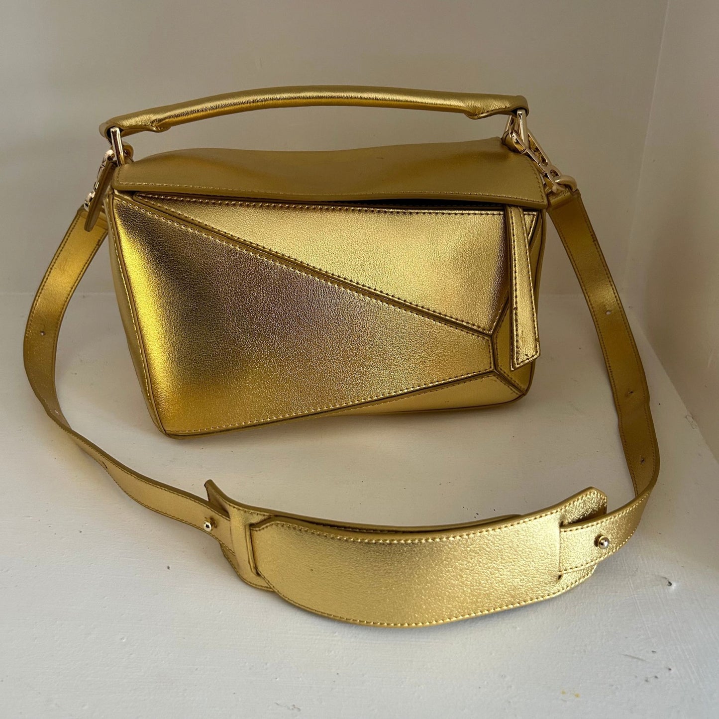 Gold Leather Grab Handle Geometric Bags