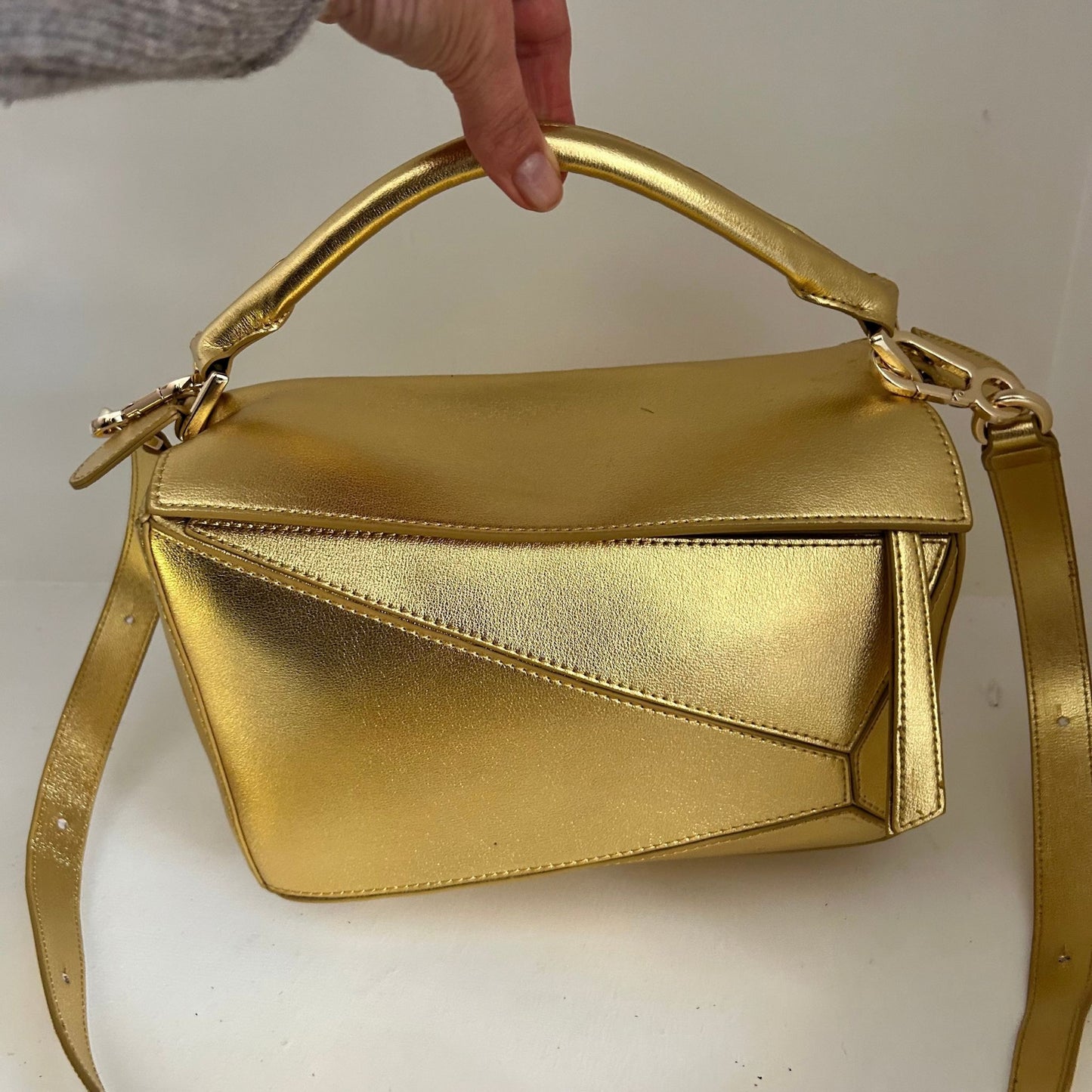 Gold Leather Grab Handle Geometric Bags