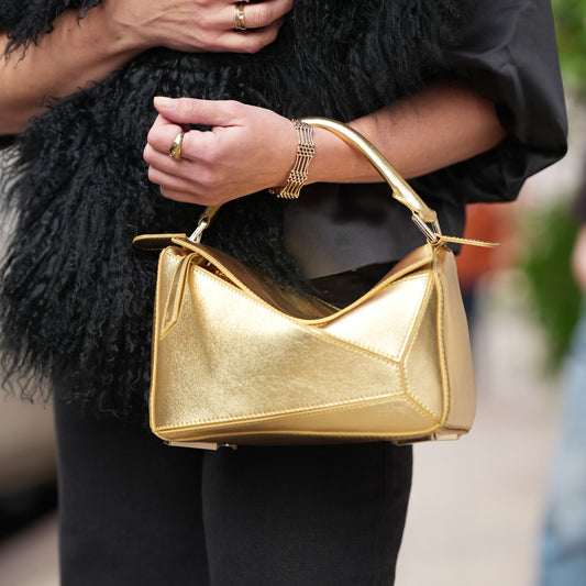 Gold Leather Grab Handle Geometric Bags
