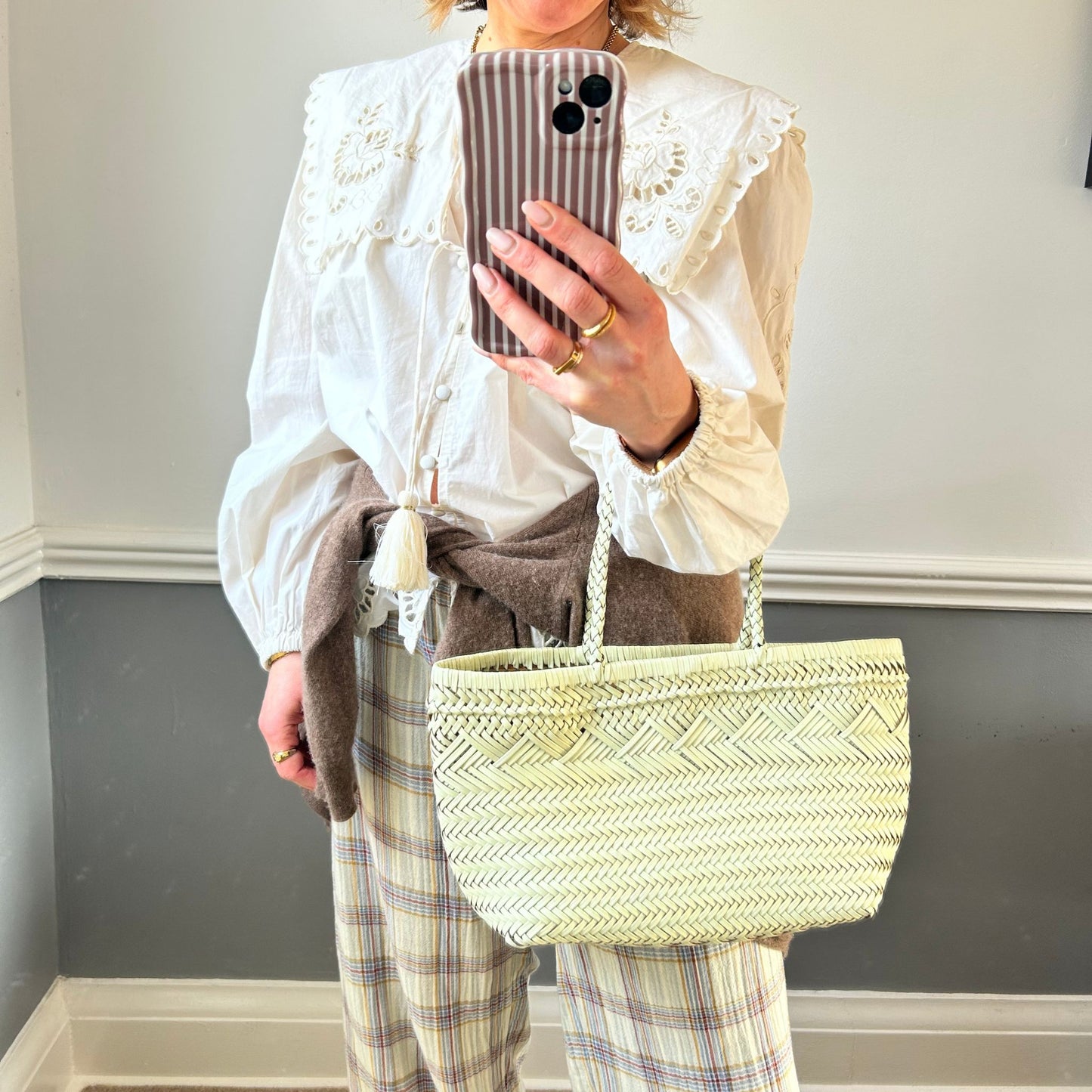 Woven Leather Basket Buttermilk