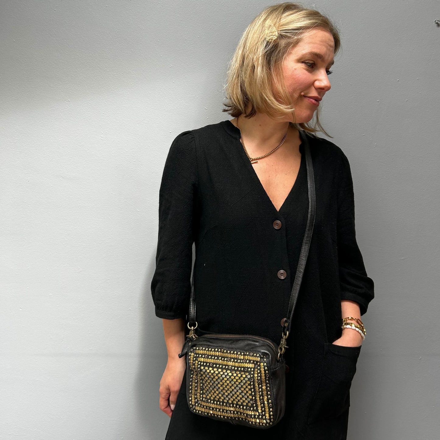 Studded Vintage style Camera bag Black