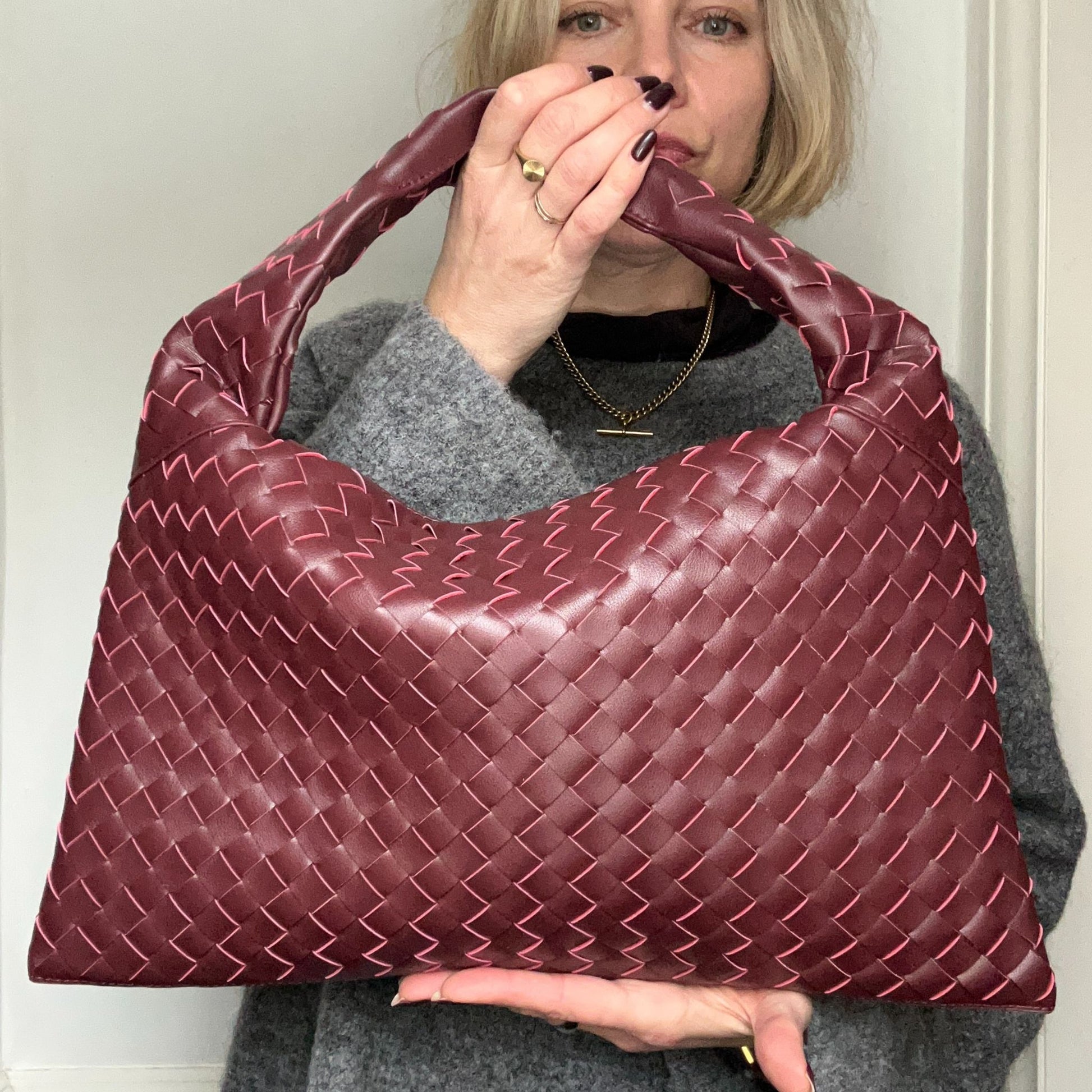 Burgundy Woven Leather Handbag - Main Image