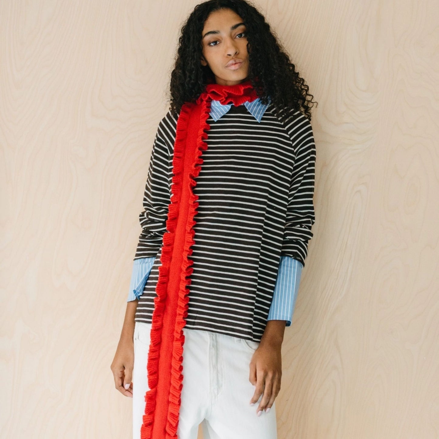 Red Frill Merino Skinny Scarf