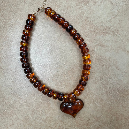 Amber Beaded Resin Heart Necklace