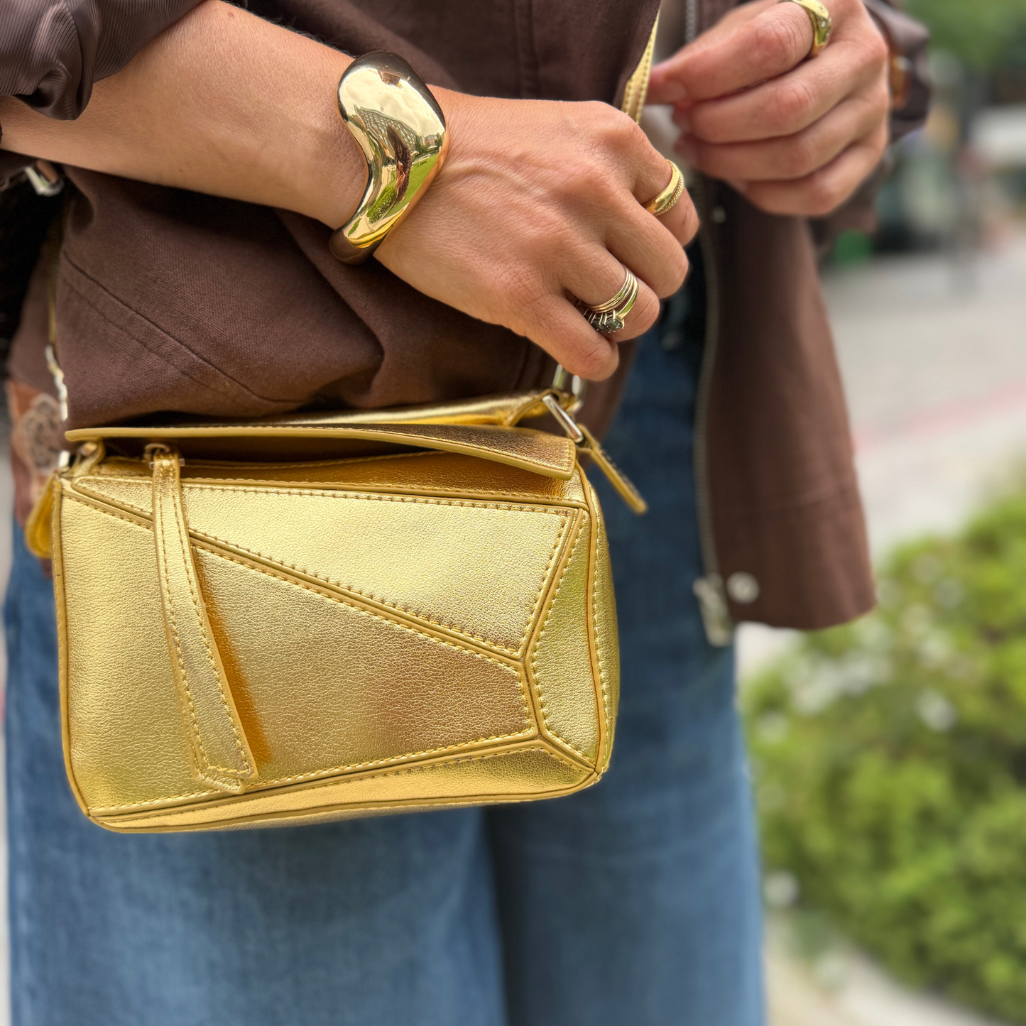 Gold Leather Grab Handle Geometric Bags
