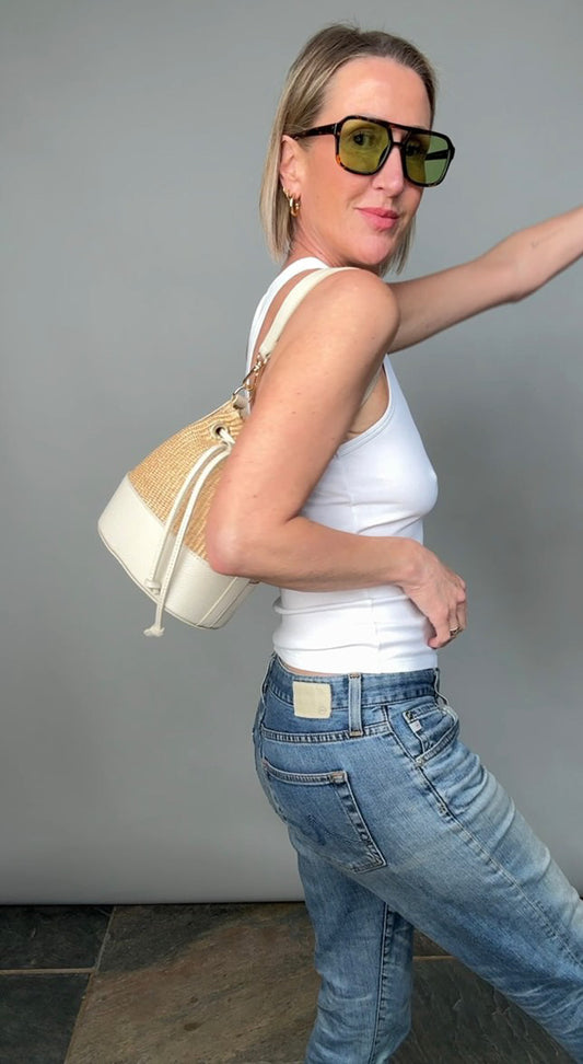 Raffia and leather bucket bag
