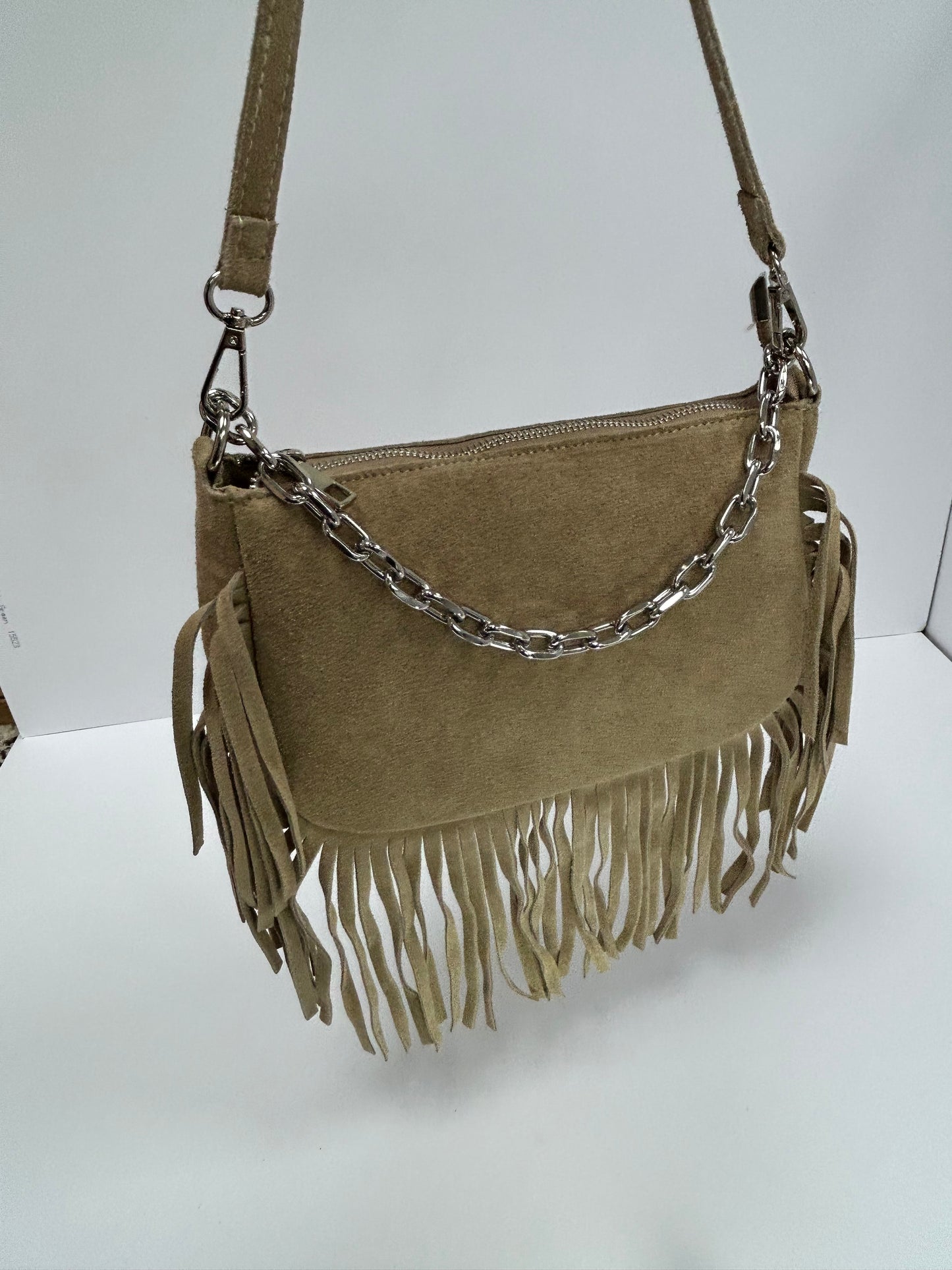 Fringed suede bag with chain decoration SAMPLE