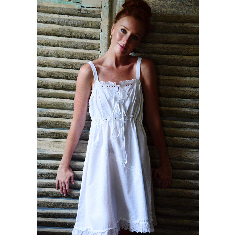 Model wearing the Vintage Style Broderie Anglaise White Sundress/Nightdress 