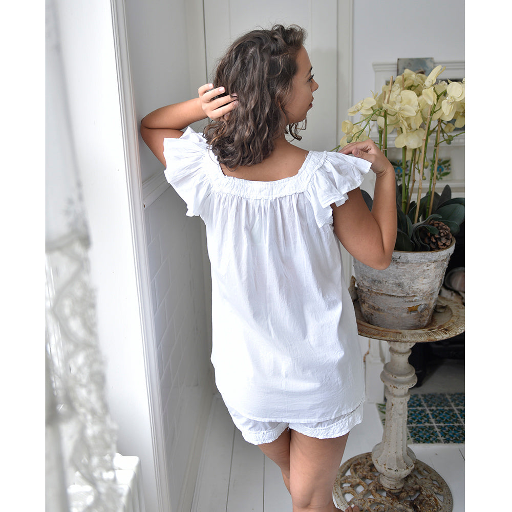 White Frill Embroidered Shorts Pyjama Co-ord