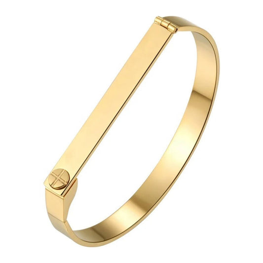 18 carat Gold Plated D Shaped Screw Bangle on a white background.