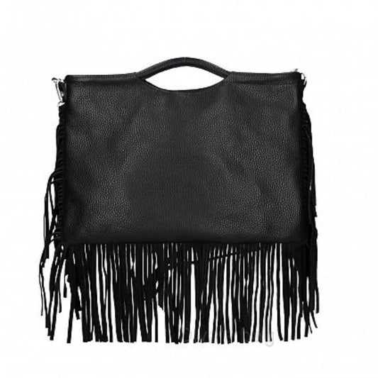 Front view of the black leather fringed bag with suede tassels.
