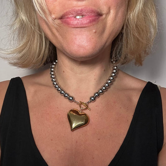 Silver & Gold Puffy Heart Necklace