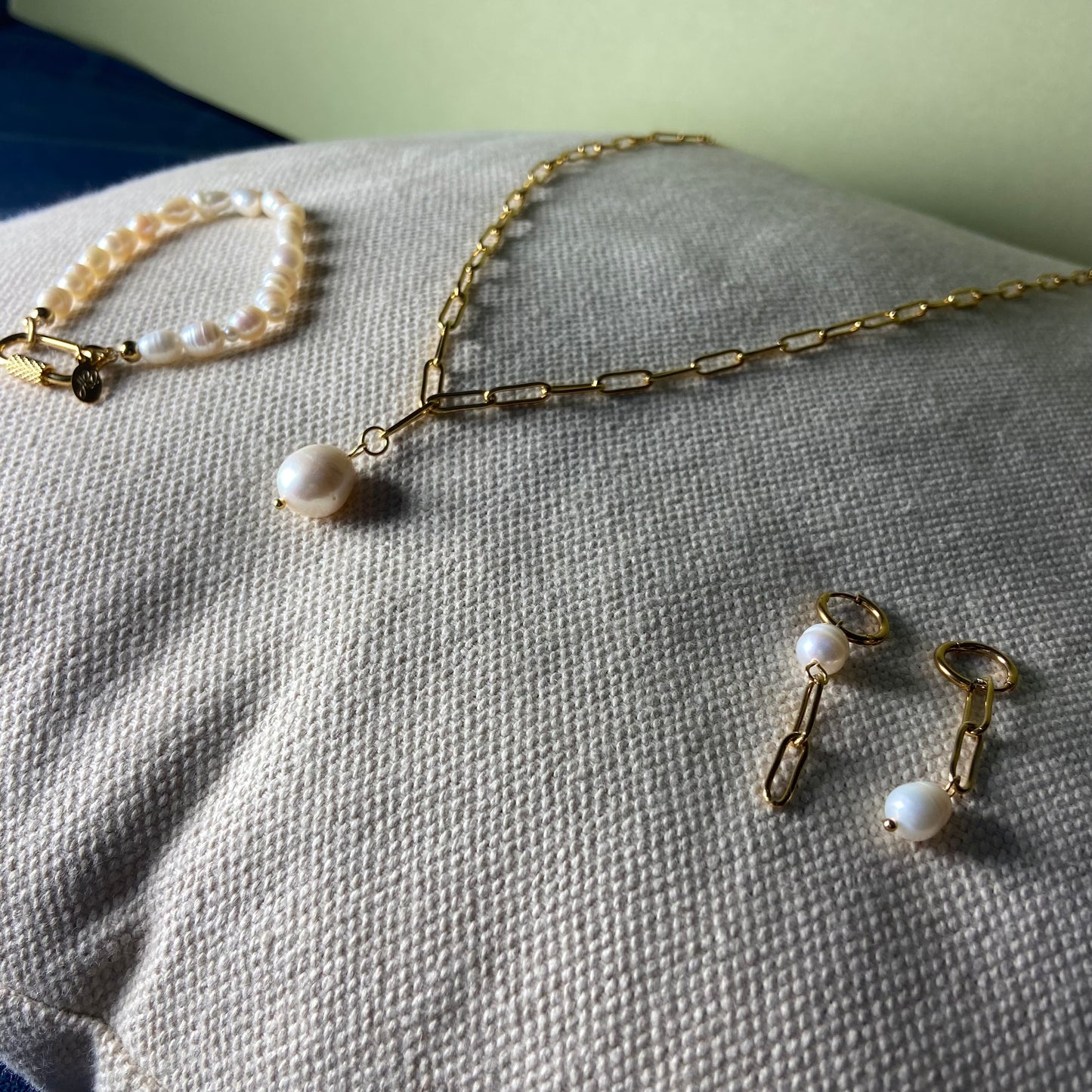 Gold Chain & Freshwater Pearl Dangly Earrings