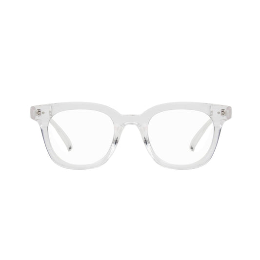 Clear-framed rectangular eyeglasses with a simple and modern design, displayed on a white background.