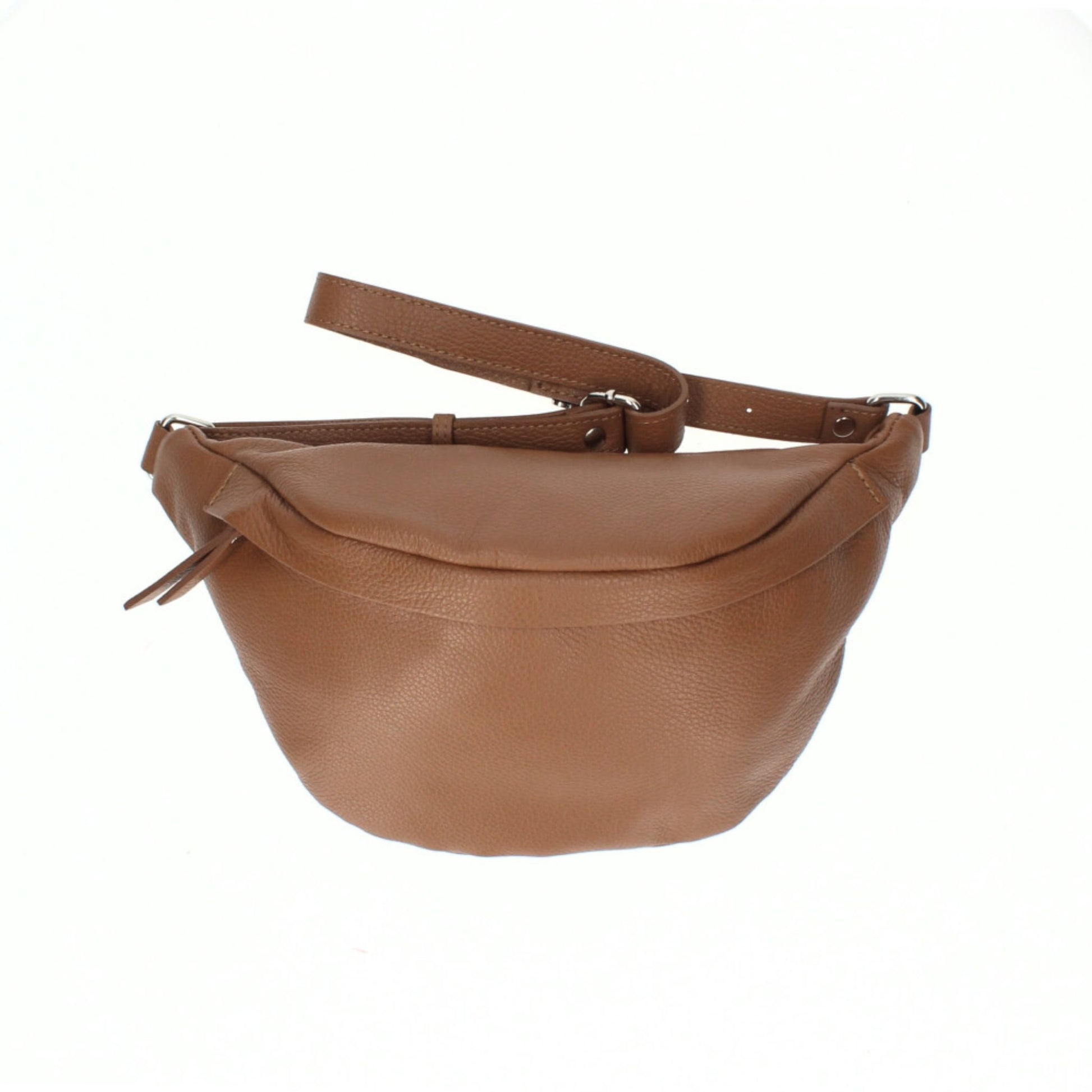 Stylish brown leather sling bag with Italian craftsmanship and lined interior.