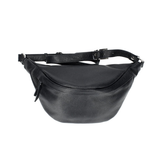 Luxurious black leather bumbag with silver hardware and adjustable strap.