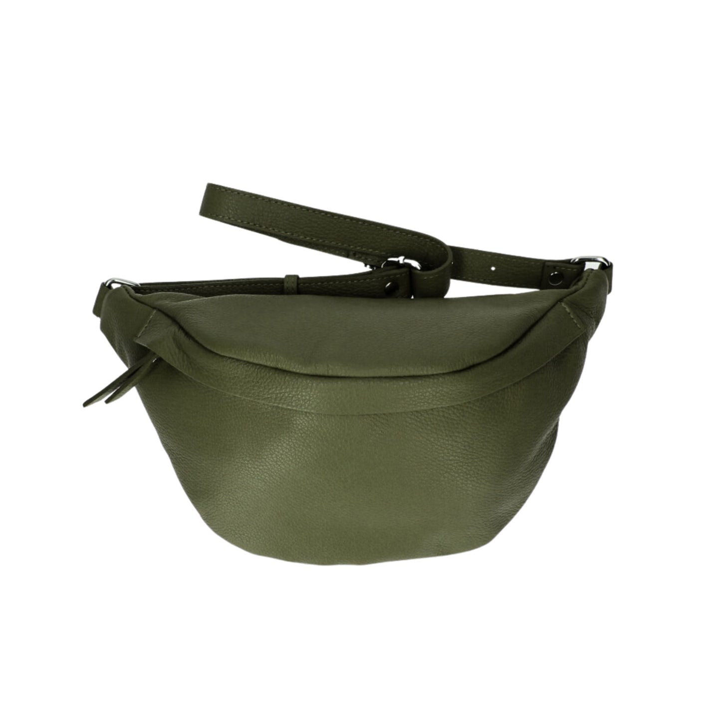 Fashionable olive leather crossbody bag with a buckle strap and main zipped compartment.