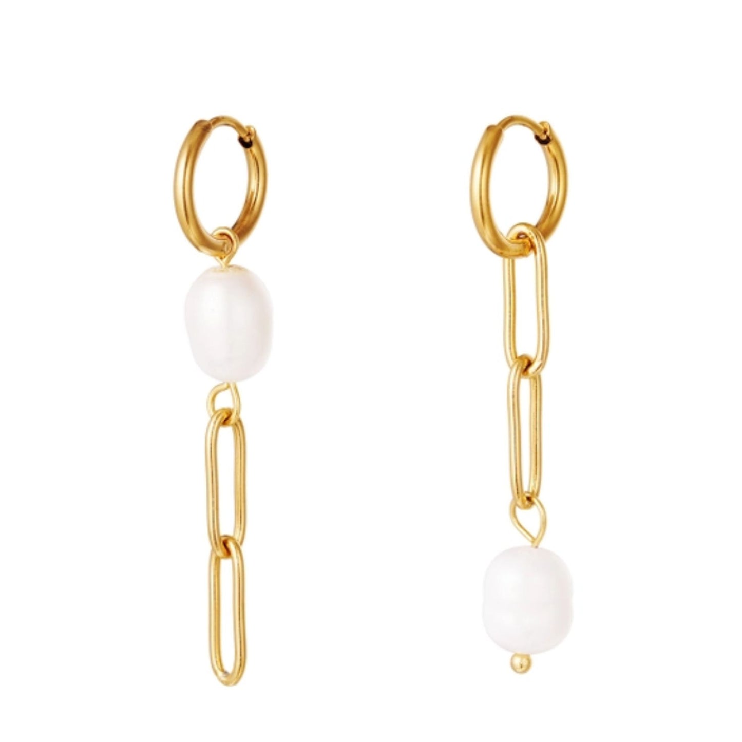 Gold Chain & Freshwater Pearl Dangly Earrings