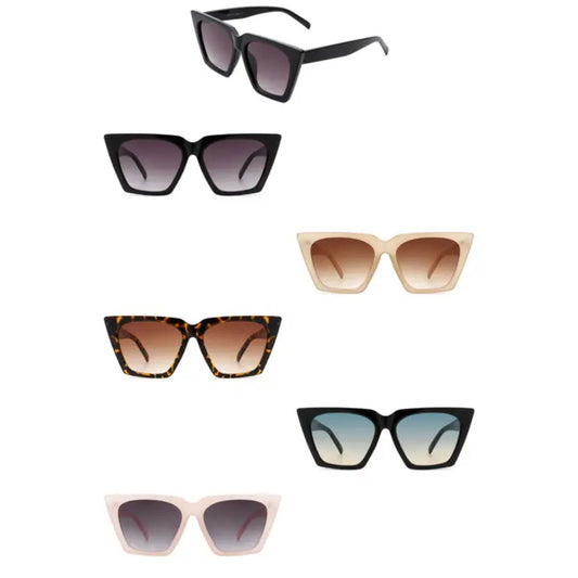 A collection of five pairs of stylish sunglasses in various colors and designs, including black, beige, tortoiseshell, and gradient lenses.