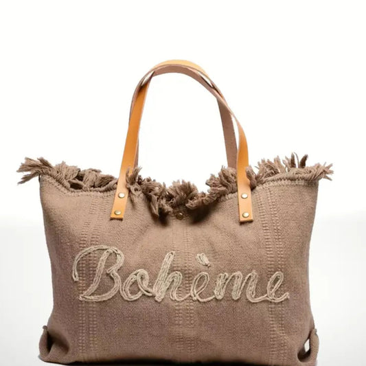 Canvas and Leather Tote bag embroidered with 'Boheme' - Ideal for beach outings, summer holidays, or shopping. Made in Italy, dimensions 50 x 14 x 32 cm. Features leather handles.