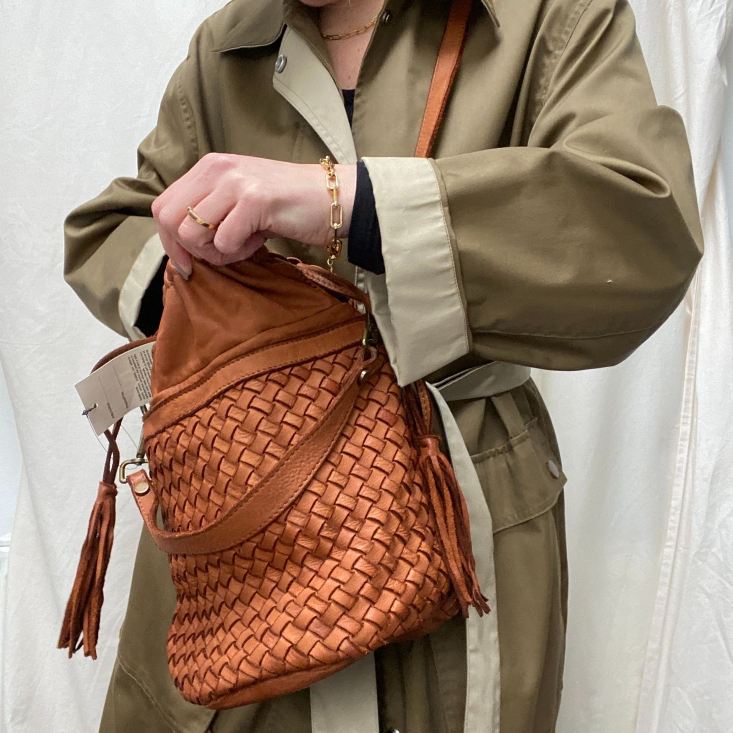 The Washed Leather Woven Leather Bucket Bag