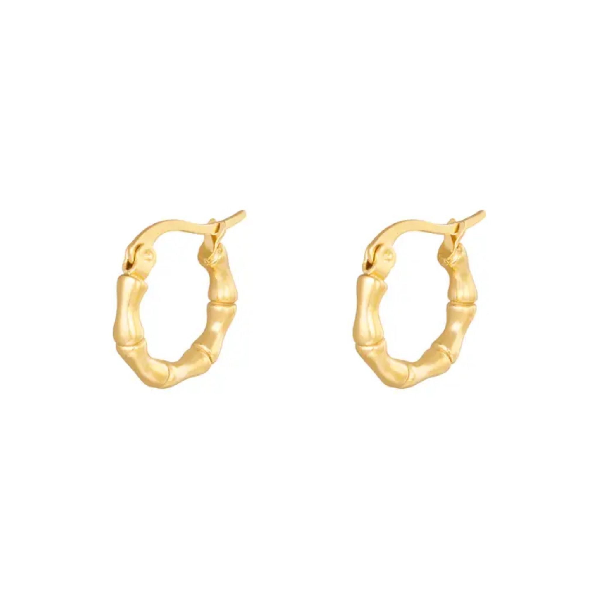 14K Yellow Gold Bamboo Hoop Earrings Tiny