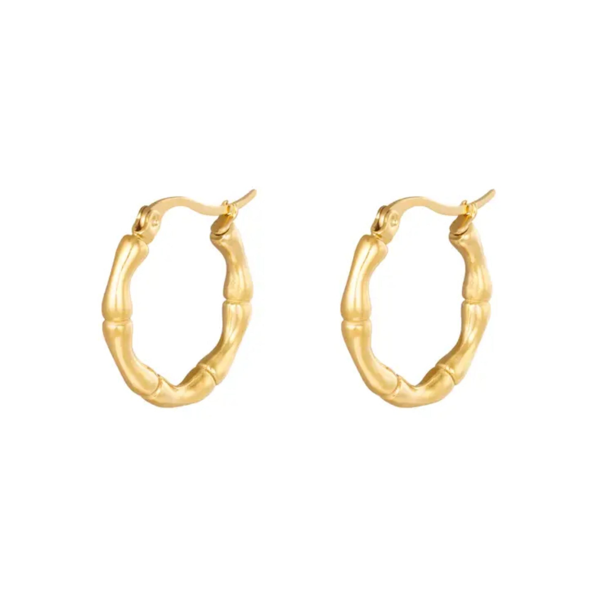 Pair of small gold bamboo hoop earrings displayed on a white background, showcasing their detailed texture.